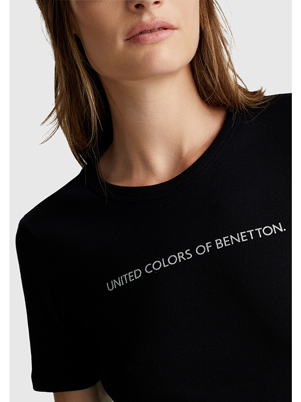 Kadın Siyah %100 Pamuk Logo Baskılı Bisiklet Yaka T-Shirt-4