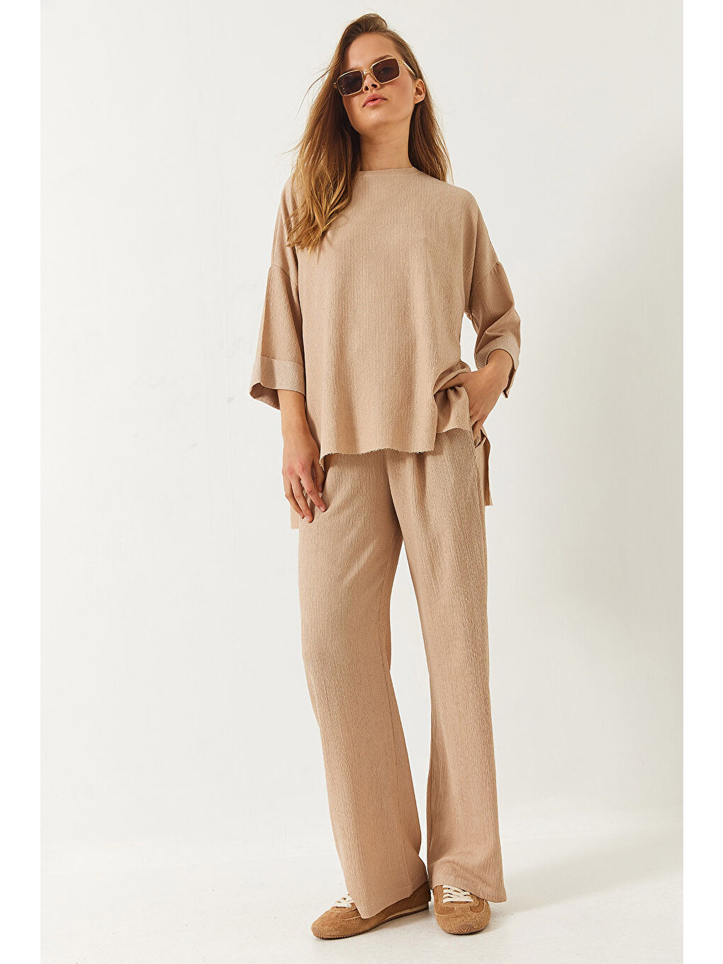 Bej Kadın Yarım Kollu Palazzo Pantolonlu Bisiklet Yaka Alt-Üst Takım-2