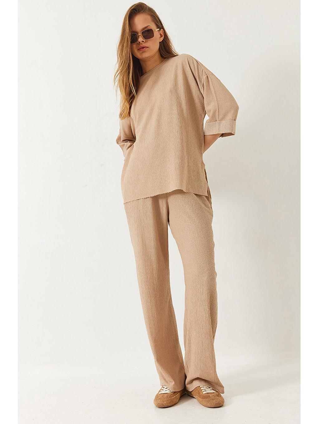 Bej Kadın Yarım Kollu Palazzo Pantolonlu Bisiklet Yaka Alt-Üst Takım-3