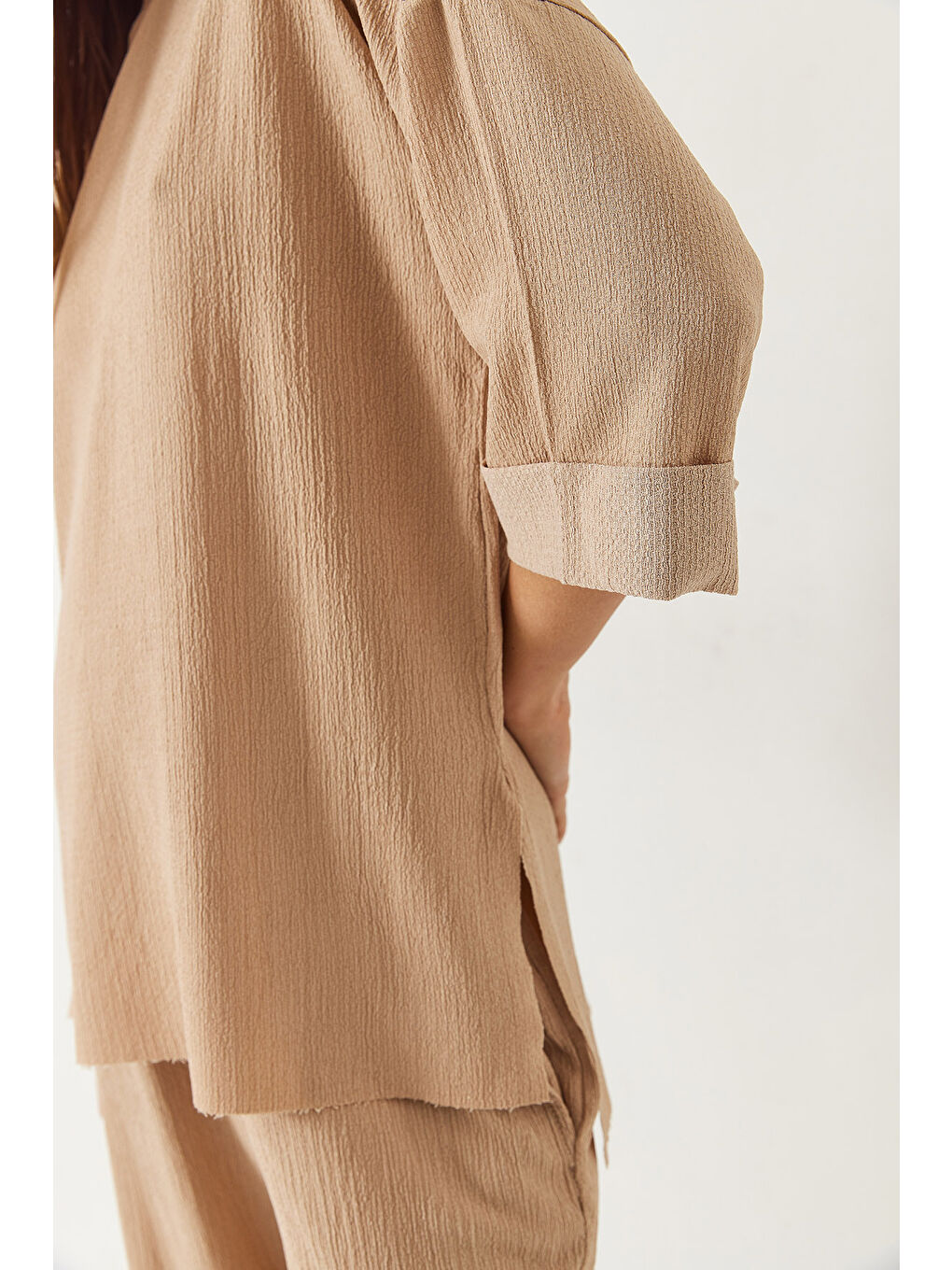 Bej Kadın Yarım Kollu Palazzo Pantolonlu Bisiklet Yaka Alt-Üst Takım-4