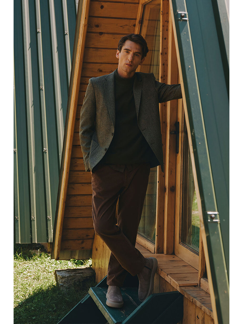 Erkek Antrasit Slim Fit Dar Kesim Mono Yaka Desenli Ceket-3