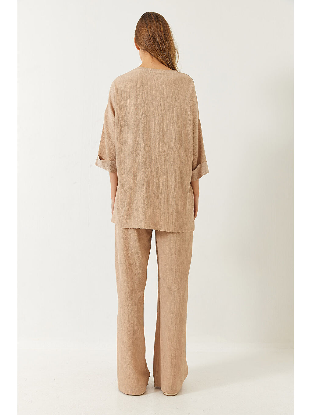 Bej Kadın Yarım Kollu Palazzo Pantolonlu Bisiklet Yaka Alt-Üst Takım-5