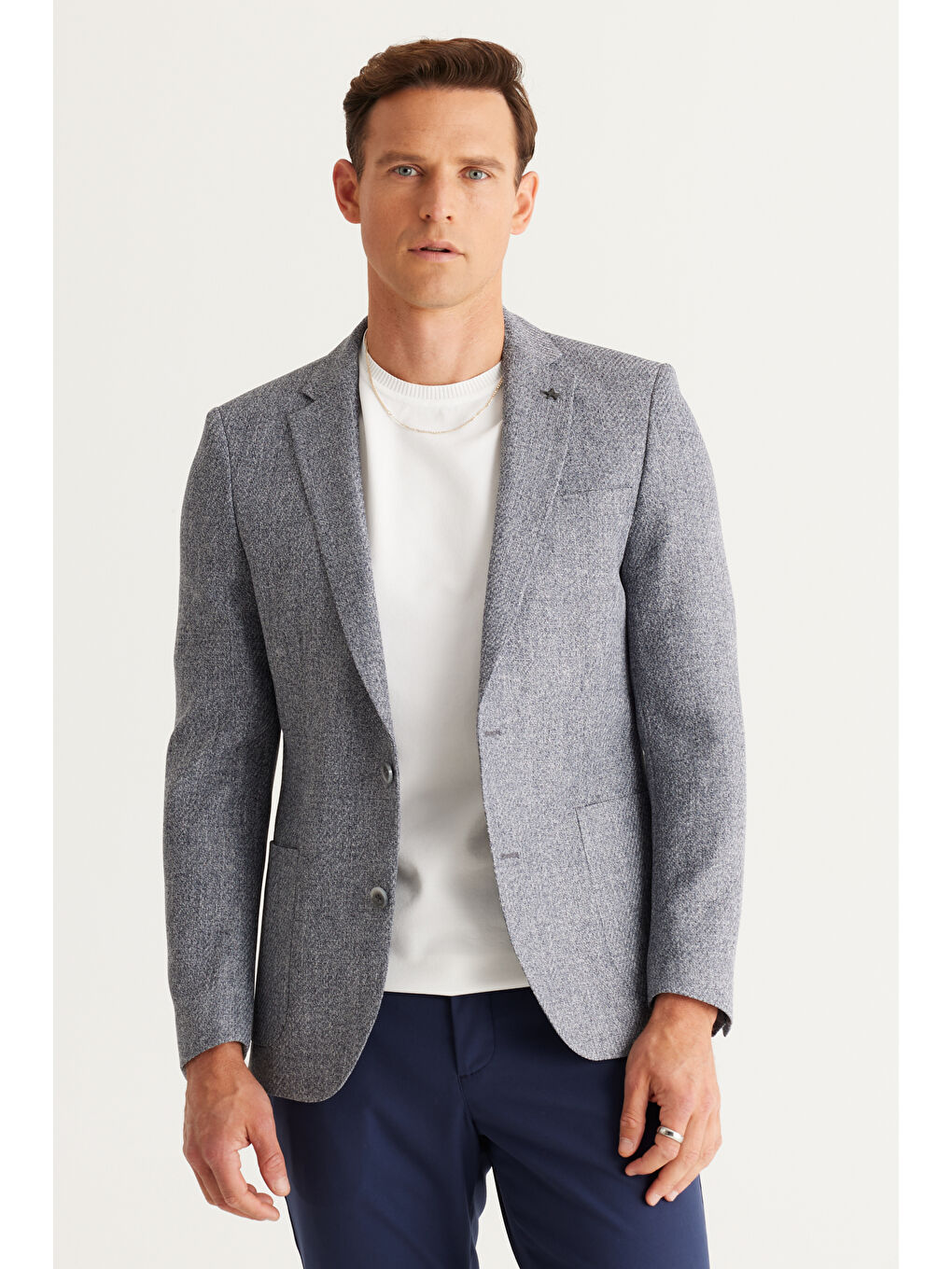 Erkek Antrasit Slim Fit Dar Kesim Mono Yaka Desenli Ceket-4