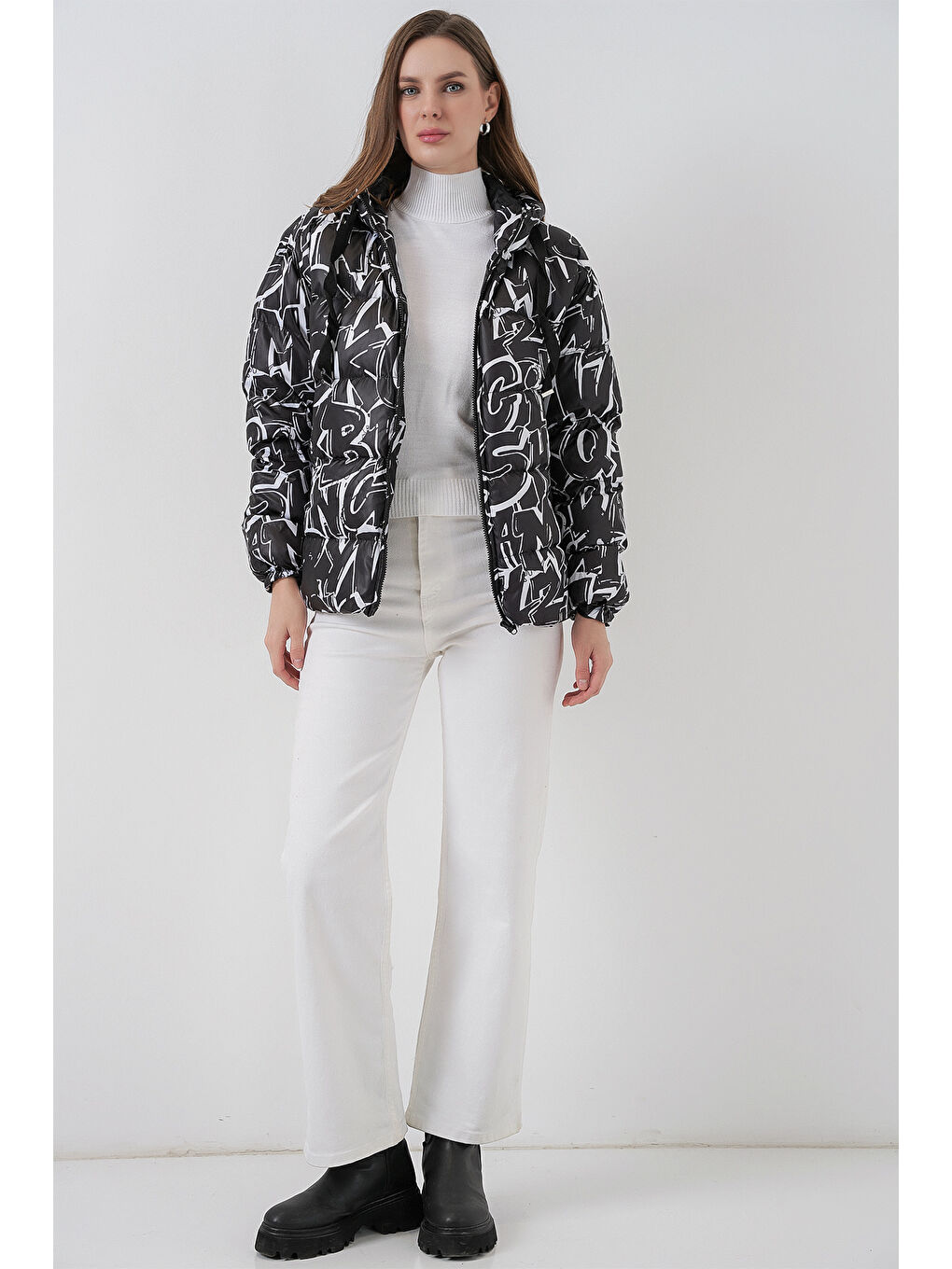 5125 Desenli Şişme Mont - D. Siyah-1