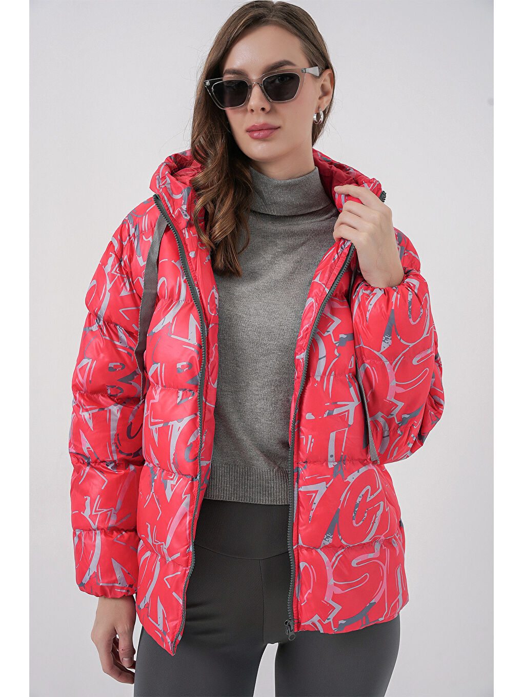 5125 Desenli Şişme Mont - Kırmızı