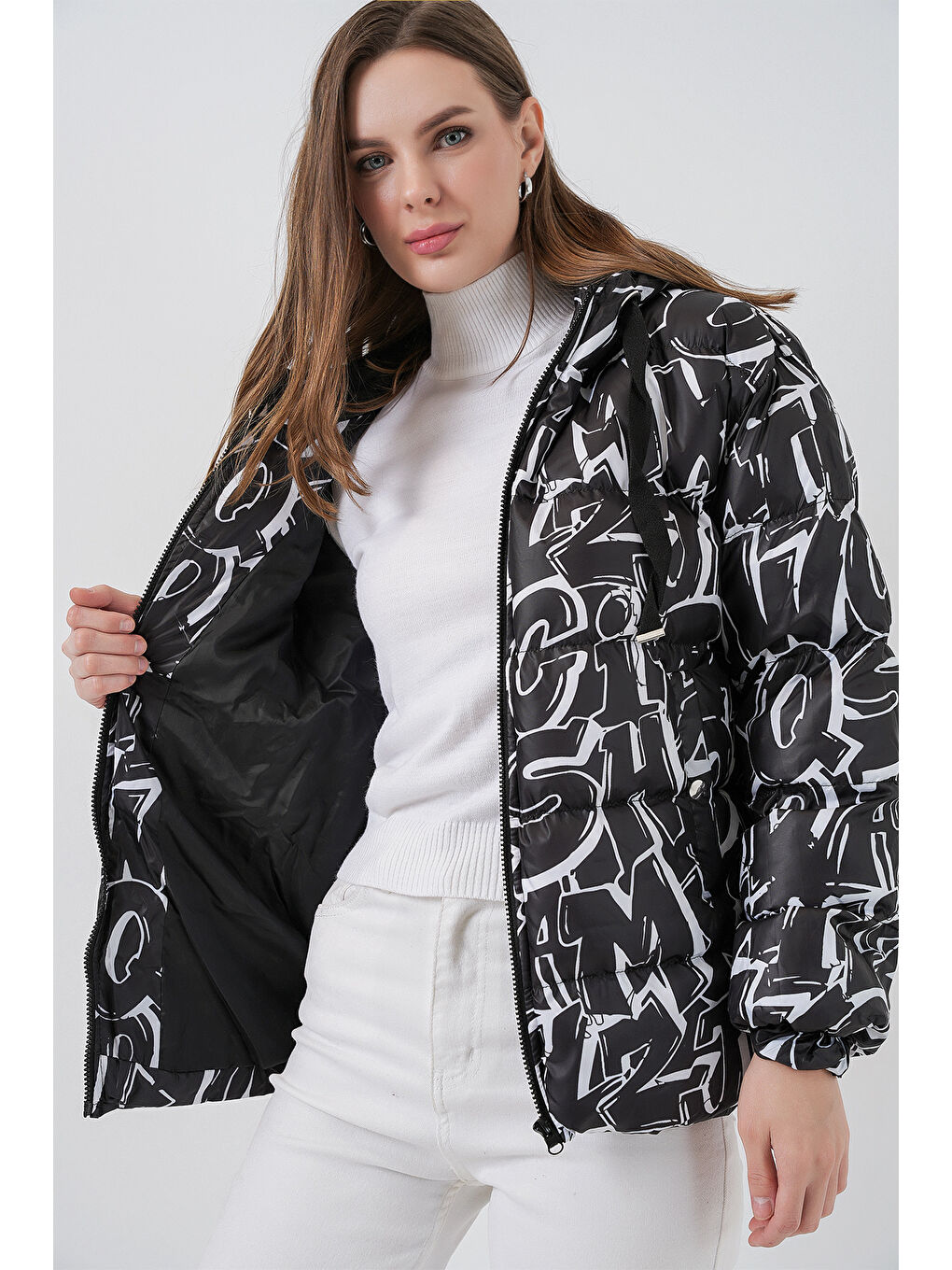 5125 Desenli Şişme Mont - D. Siyah-3