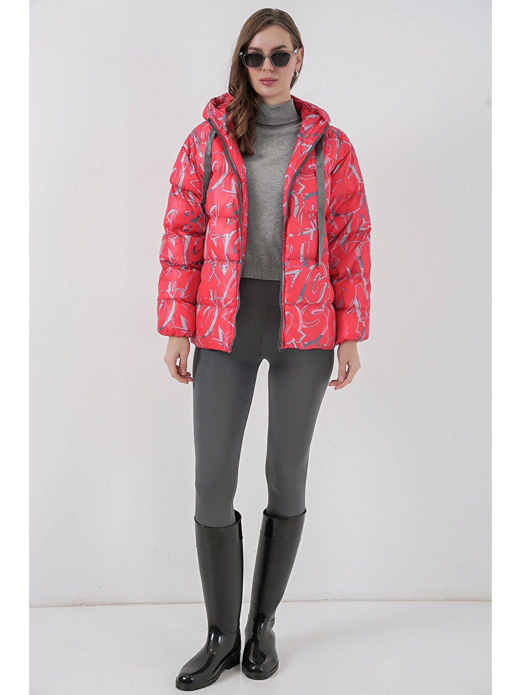 5125 Desenli Şişme Mont - Kırmızı-1