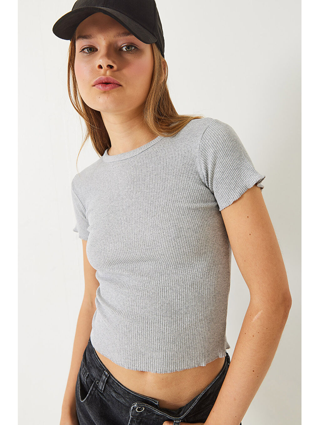 Gri Kadın Fitilli Kaşkorse Basic T-Shirt