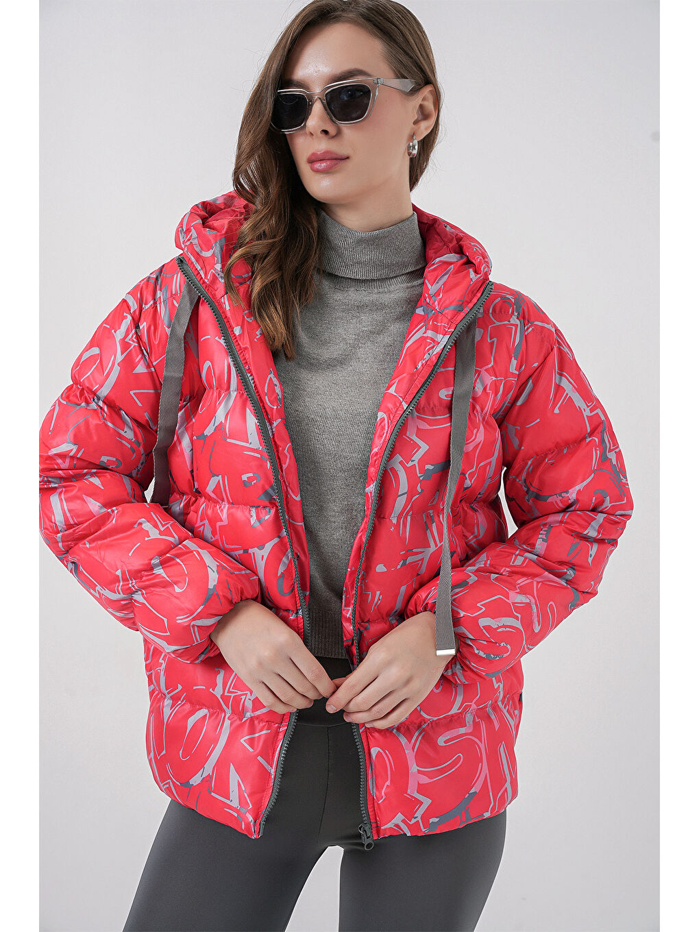 5125 Desenli Şişme Mont - Kırmızı-2