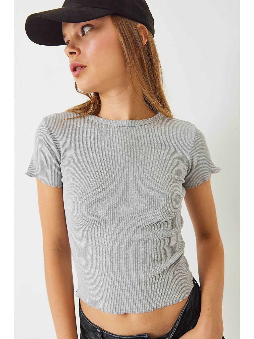 Gri Kadın Fitilli Kaşkorse Basic T-Shirt-1