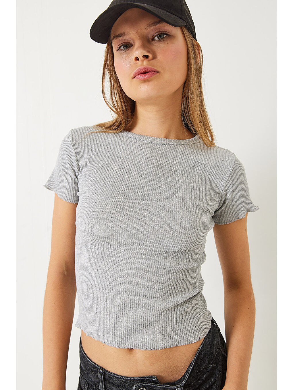 Gri Kadın Fitilli Kaşkorse Basic T-Shirt-2