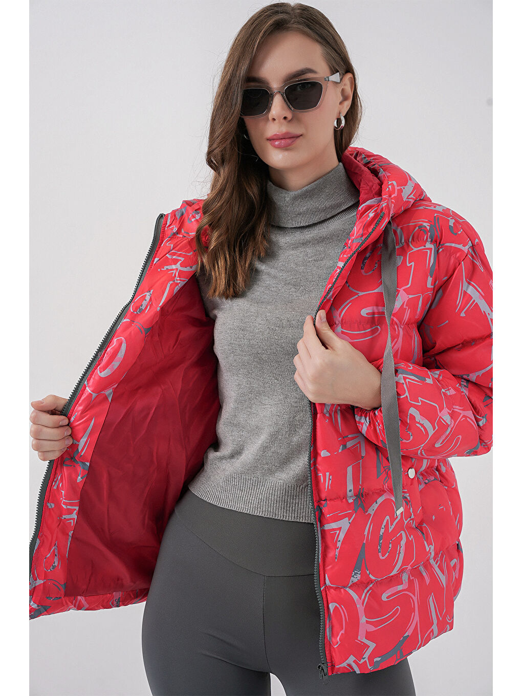 5125 Desenli Şişme Mont - Kırmızı-3