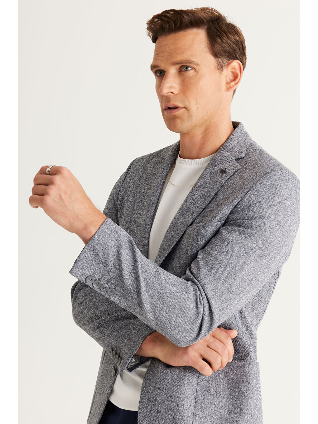 Erkek Antrasit Slim Fit Dar Kesim Mono Yaka Desenli Ceket-9