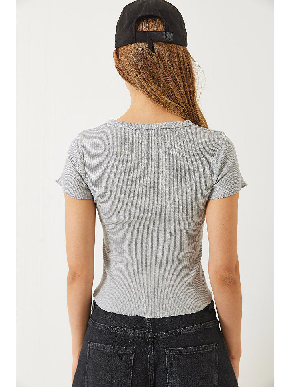 Gri Kadın Fitilli Kaşkorse Basic T-Shirt-4