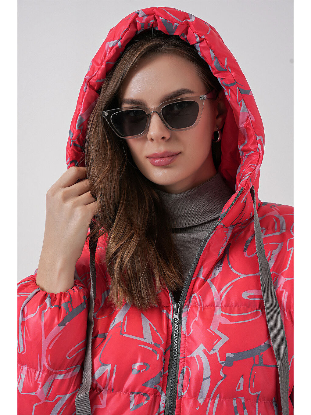 5125 Desenli Şişme Mont - Kırmızı-4