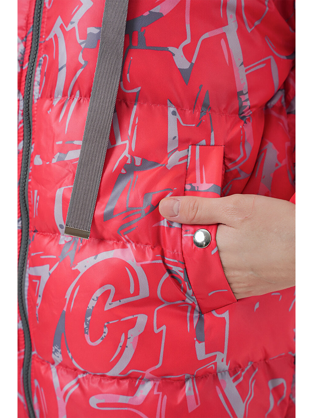 5125 Desenli Şişme Mont - Kırmızı-5