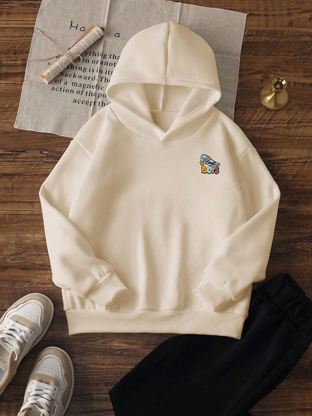 Bej Boys Baskılı Oversize Kapüşonlu Sweatshirt-1