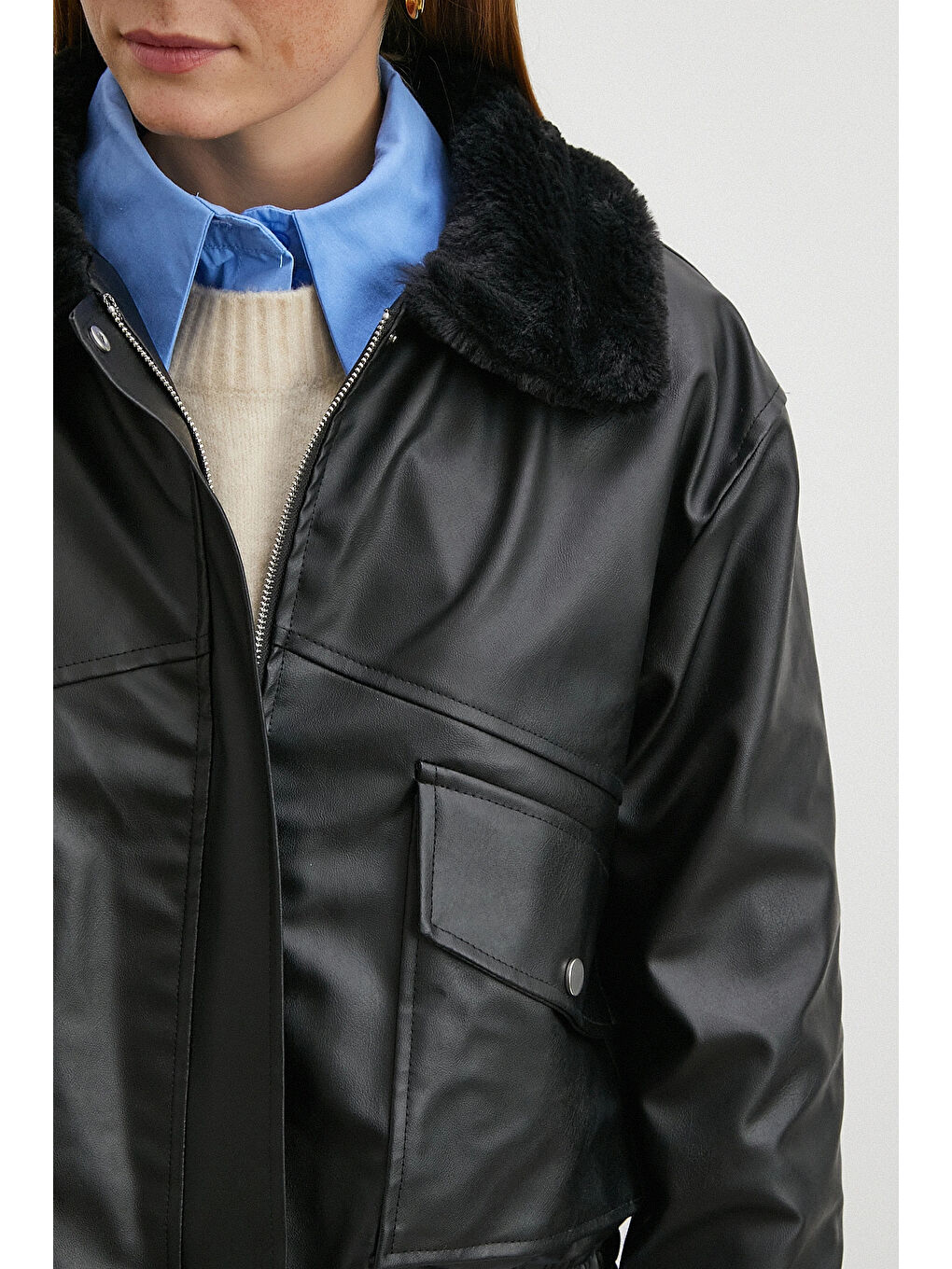 Pelüş Astar Detaylı Deri Mont Siyah-4