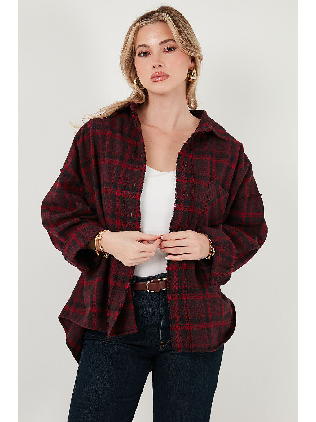 Mürdüm Ekoseli Pamuklu Oversize Fit Klasik Yaka Gömlek 6835002