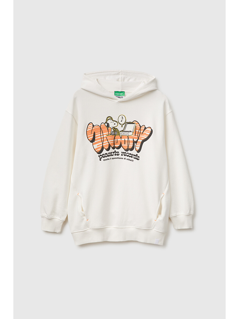 Erkek Çocuk Beyaz Önü Snoopy Baskılı Oversize Uzun Kollu Kapüşonlu Sweatshirt
