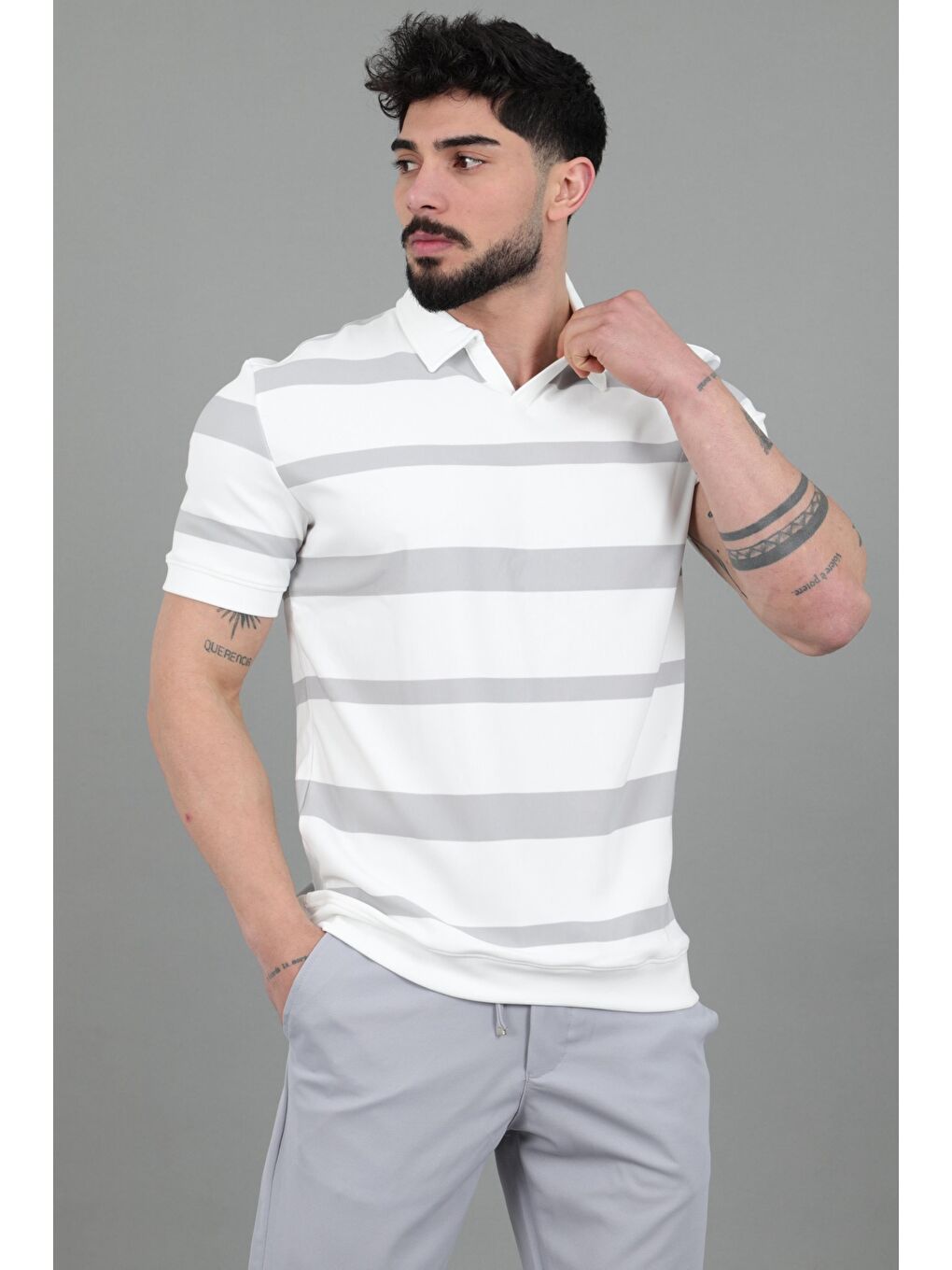 Gri Çift Renk Çizgili Apaç Yaka Tişört GP 1042_30494