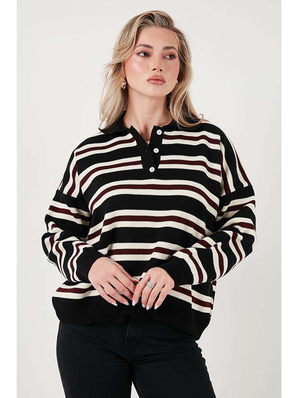 Siyah Çizgili Oversize Fit Düğmeli Polo Yaka Kazak 4615259