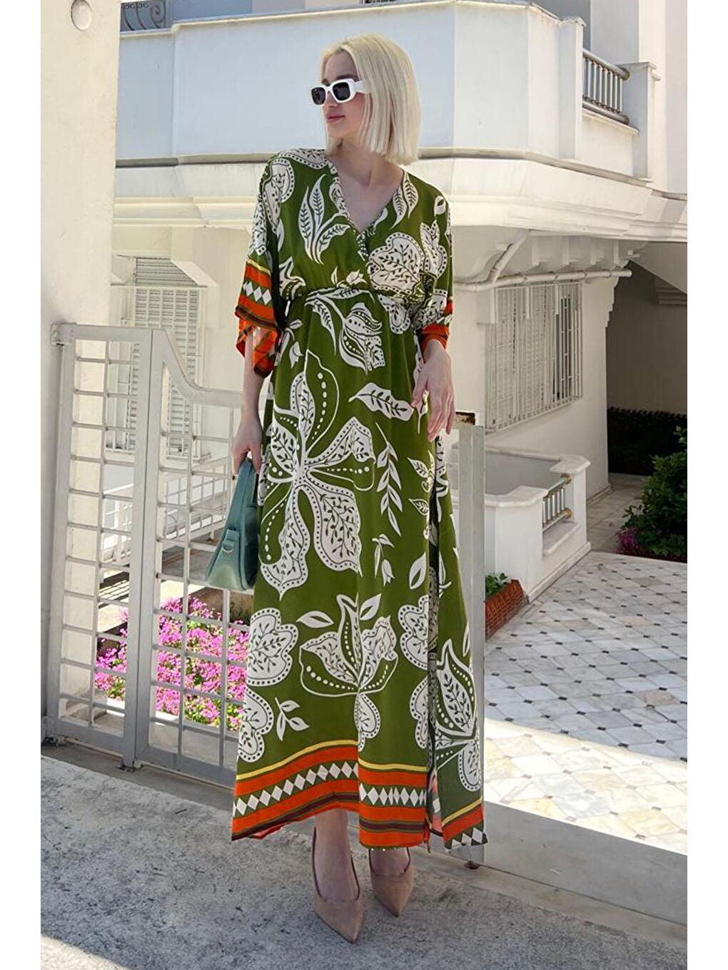 Yeşil Uzun V Yaka Desenli Kadın Elbise Mg2100