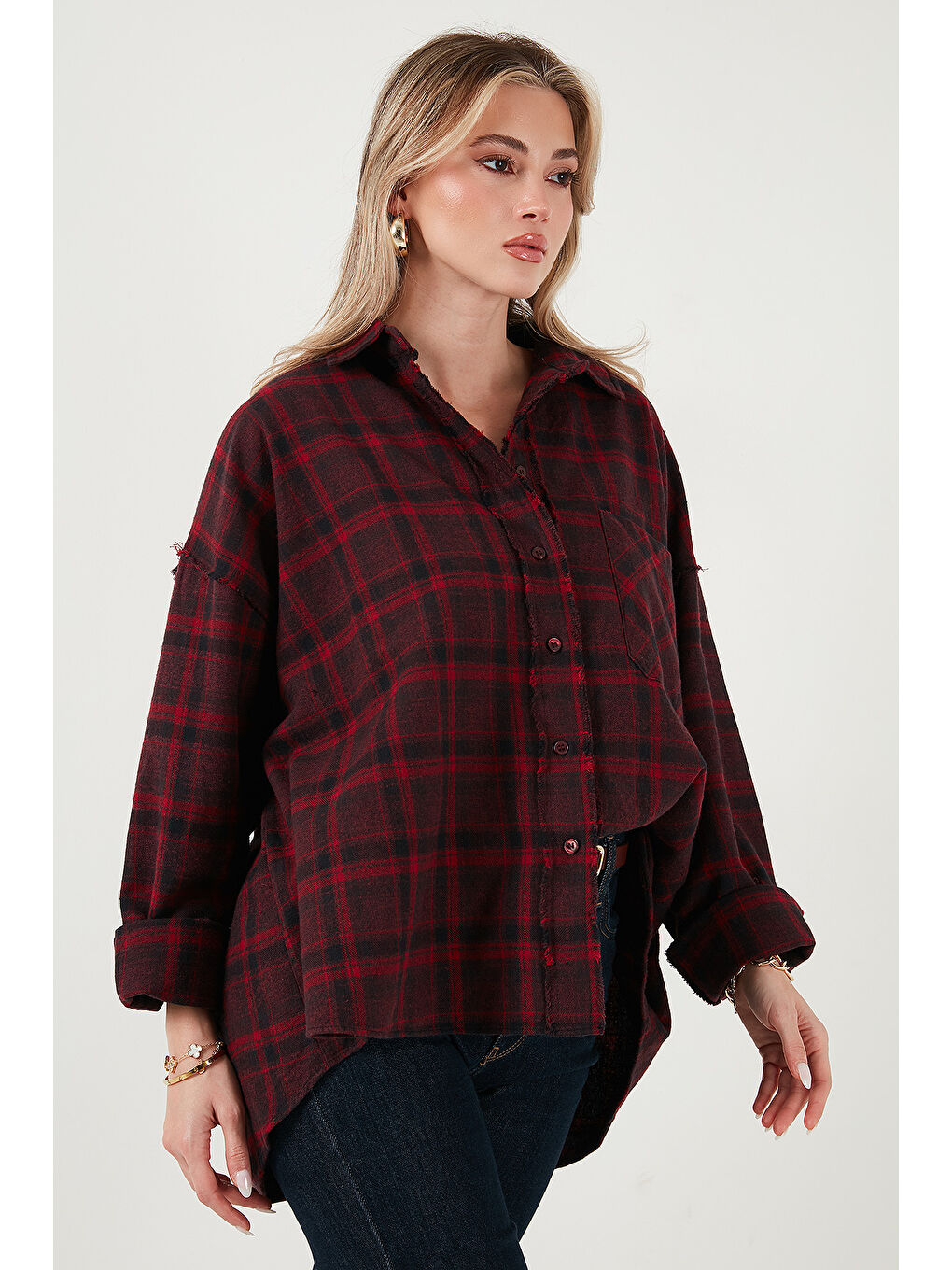 Mürdüm Ekoseli Pamuklu Oversize Fit Klasik Yaka Gömlek 6835002-2