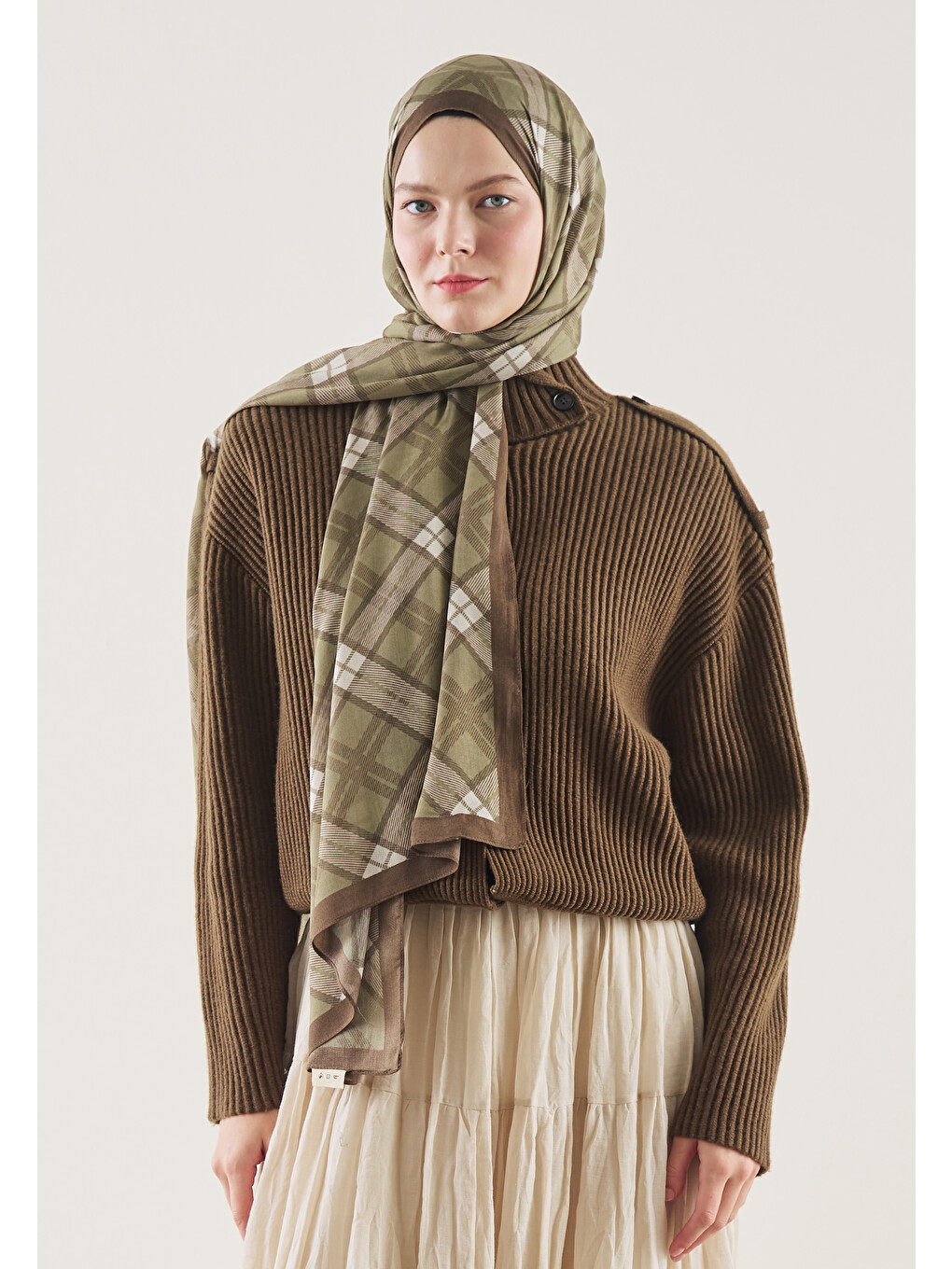 Kahverengi Plaid Desen Rami Şal Kahve-1