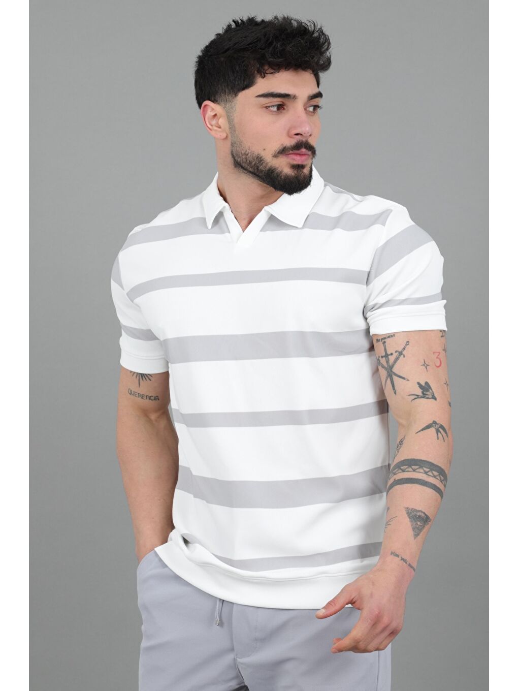 Gri Çift Renk Çizgili Apaç Yaka Tişört GP 1042_30494-1