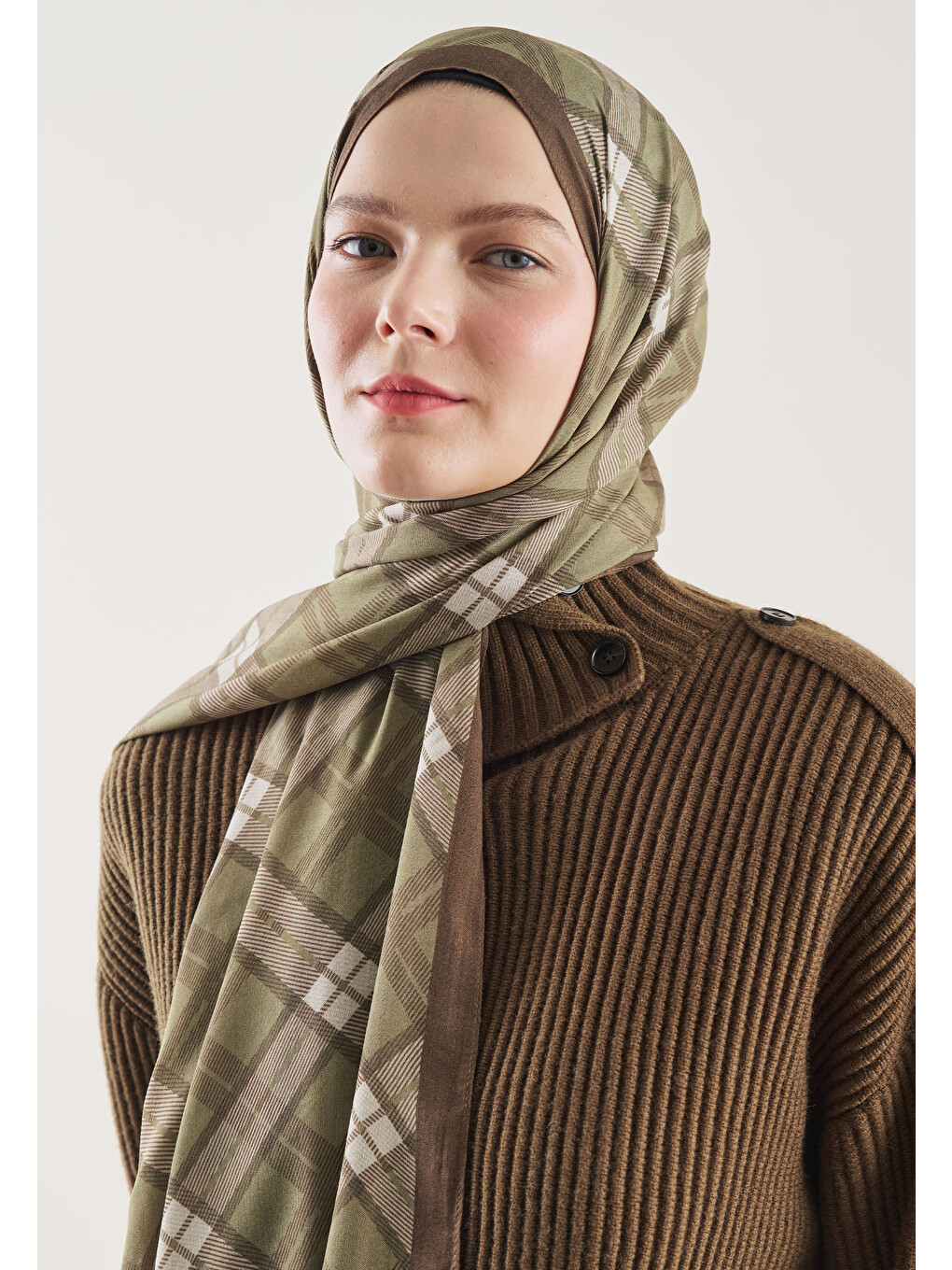 Kahverengi Plaid Desen Rami Şal Kahve-2