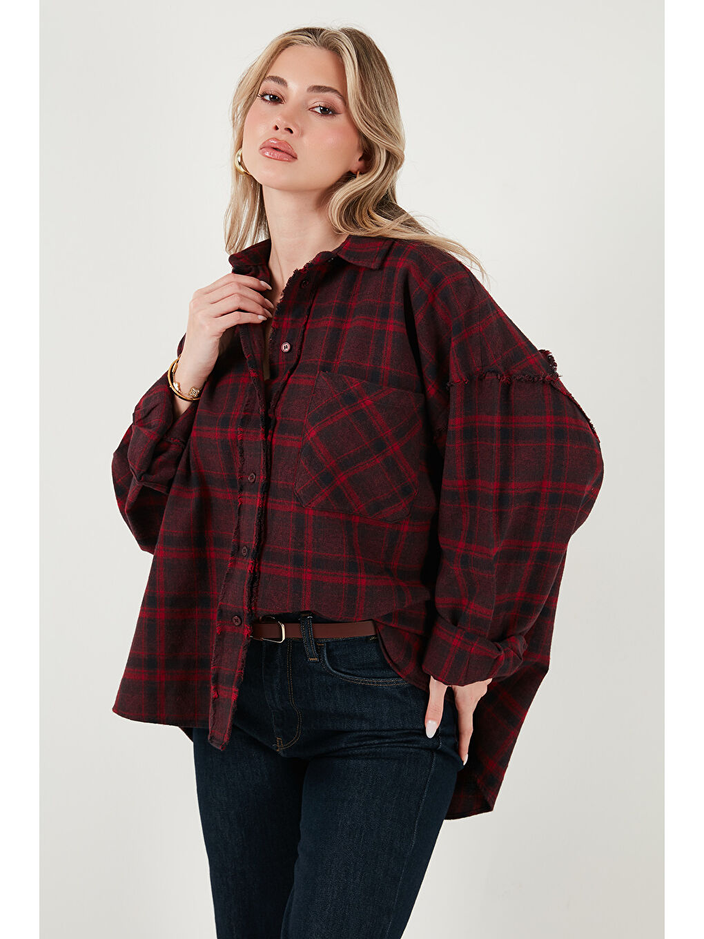 Mürdüm Ekoseli Pamuklu Oversize Fit Klasik Yaka Gömlek 6835002-3