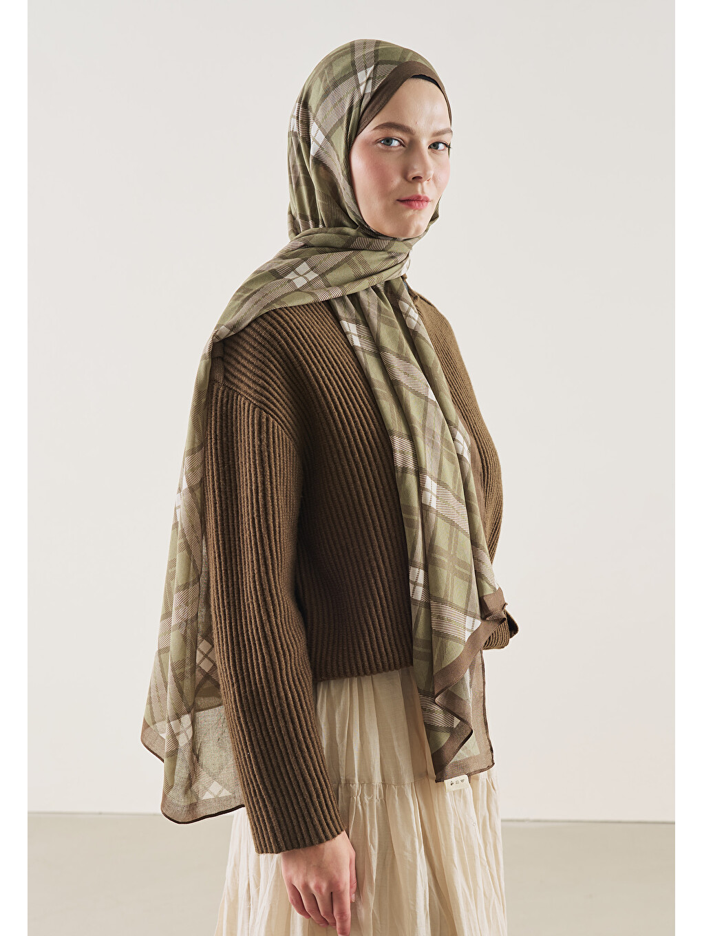 Kahverengi Plaid Desen Rami Şal Kahve-3