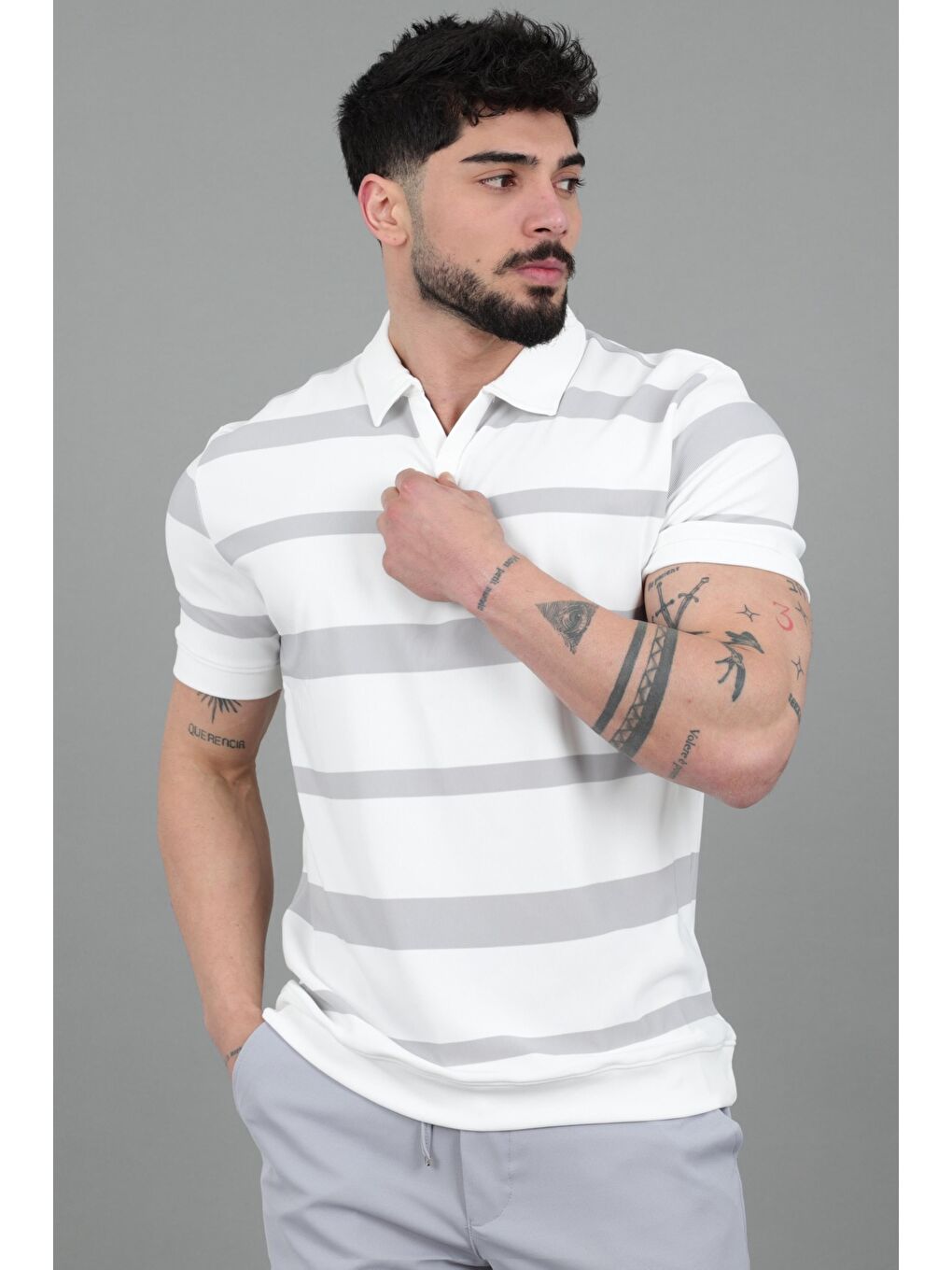 Gri Çift Renk Çizgili Apaç Yaka Tişört GP 1042_30494-2