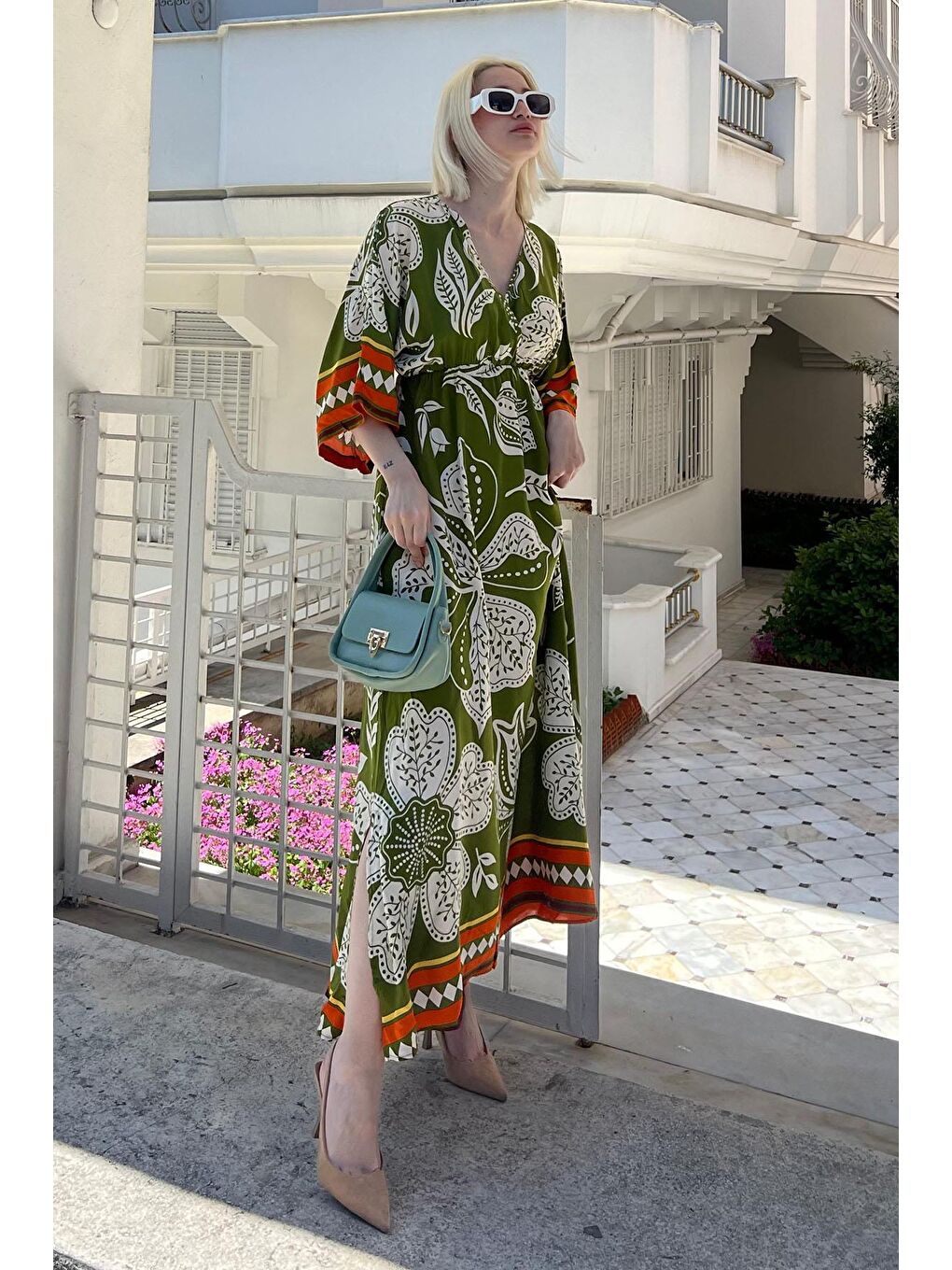 Yeşil Uzun V Yaka Desenli Kadın Elbise Mg2100-2