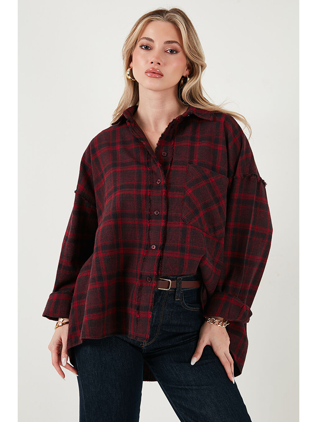 Mürdüm Ekoseli Pamuklu Oversize Fit Klasik Yaka Gömlek 6835002-4