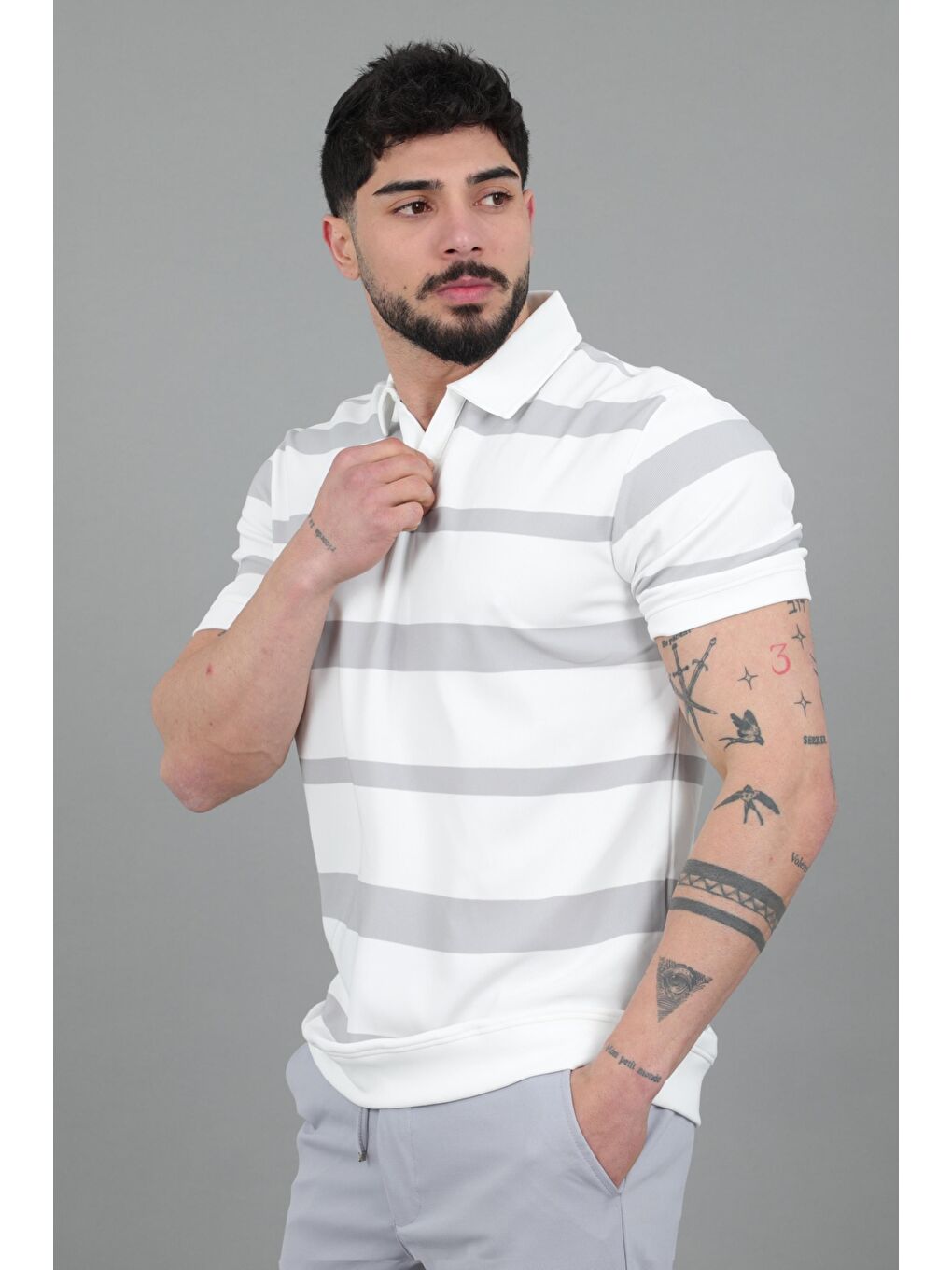 Gri Çift Renk Çizgili Apaç Yaka Tişört GP 1042_30494-3