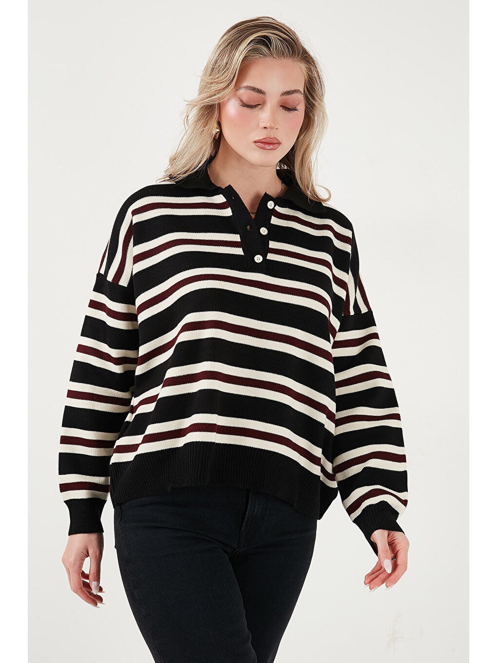 Siyah Çizgili Oversize Fit Düğmeli Polo Yaka Kazak 4615259-2