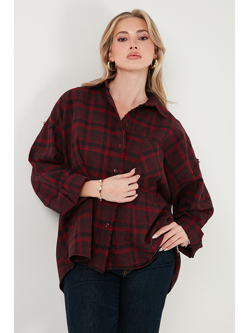 Mürdüm Ekoseli Pamuklu Oversize Fit Klasik Yaka Gömlek 6835002-5