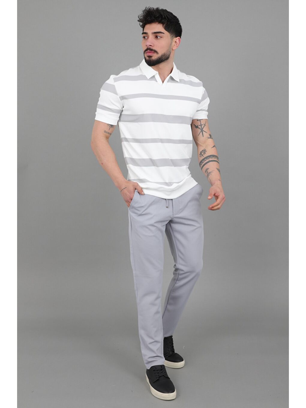 Gri Çift Renk Çizgili Apaç Yaka Tişört GP 1042_30494-4