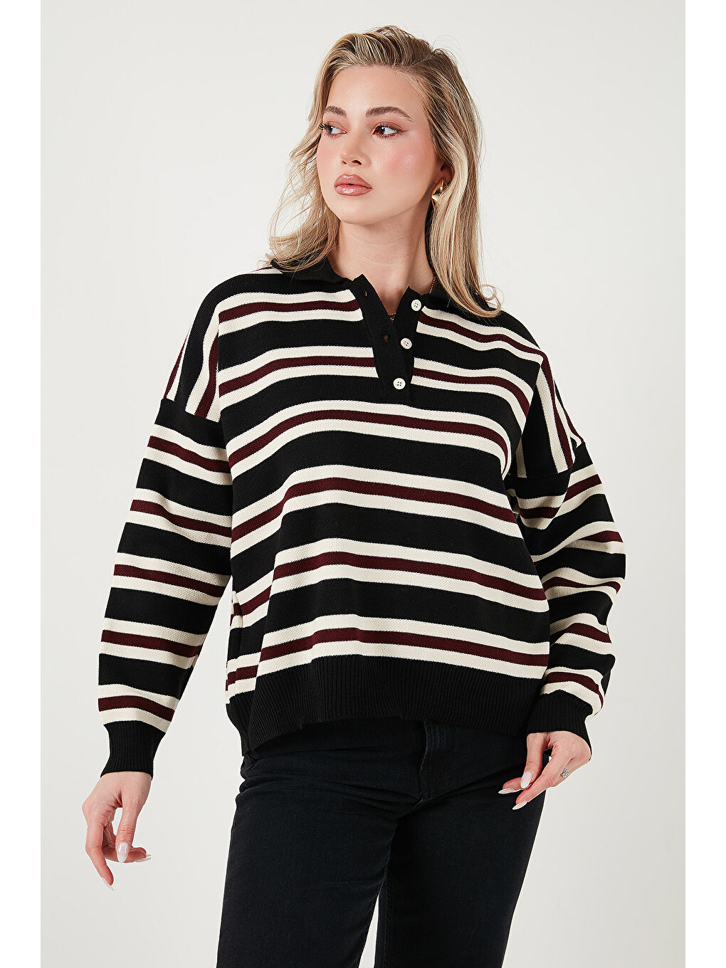 Siyah Çizgili Oversize Fit Düğmeli Polo Yaka Kazak 4615259-3