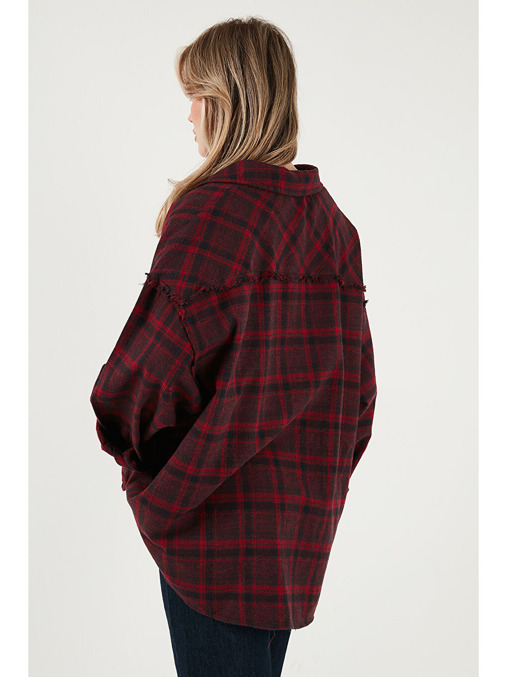 Mürdüm Ekoseli Pamuklu Oversize Fit Klasik Yaka Gömlek 6835002-6