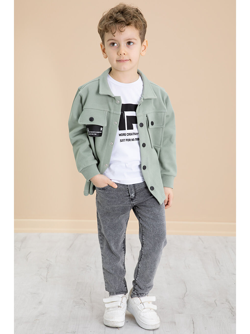 Yeşil Cep Kapaklı Gömlekli Jean Pantolonlu Erkek Çocuk 3'lü Takım 20023-1