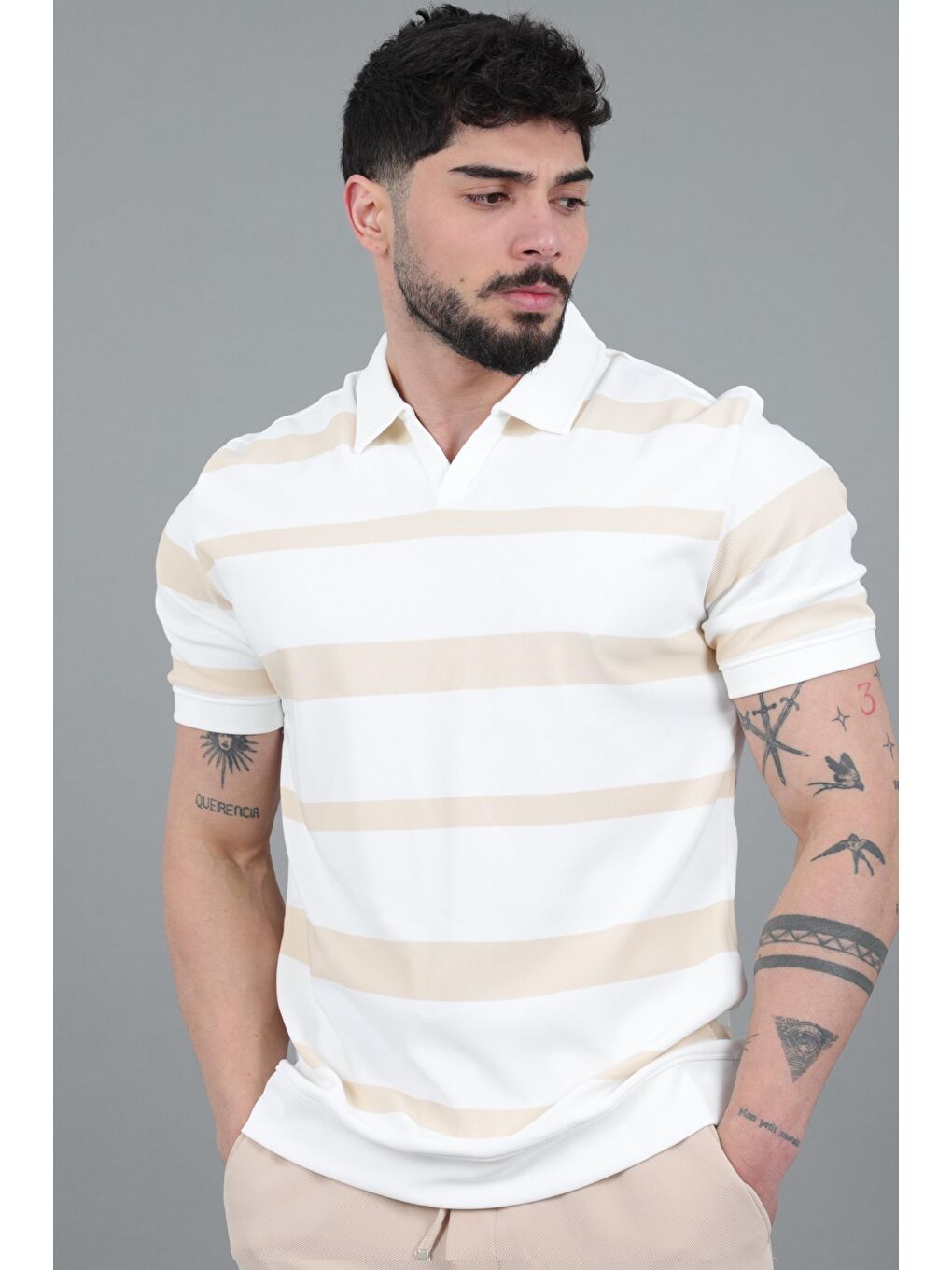 Bej Çift Renk Çizgili Apaç Yaka Tişört GP 1042_30494