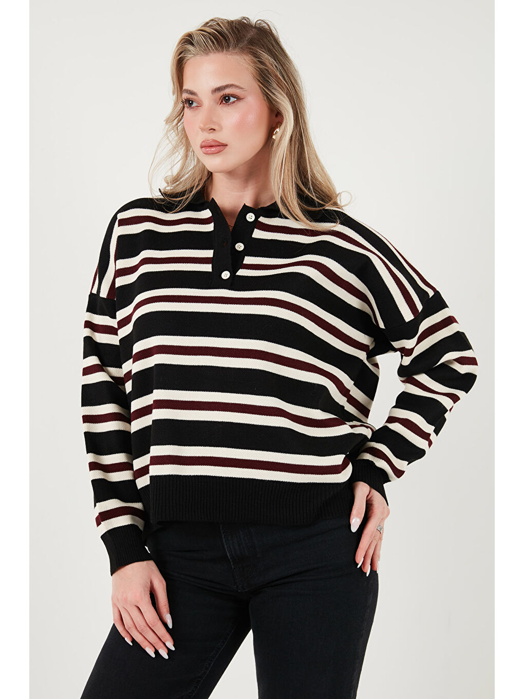 Siyah Çizgili Oversize Fit Düğmeli Polo Yaka Kazak 4615259-4