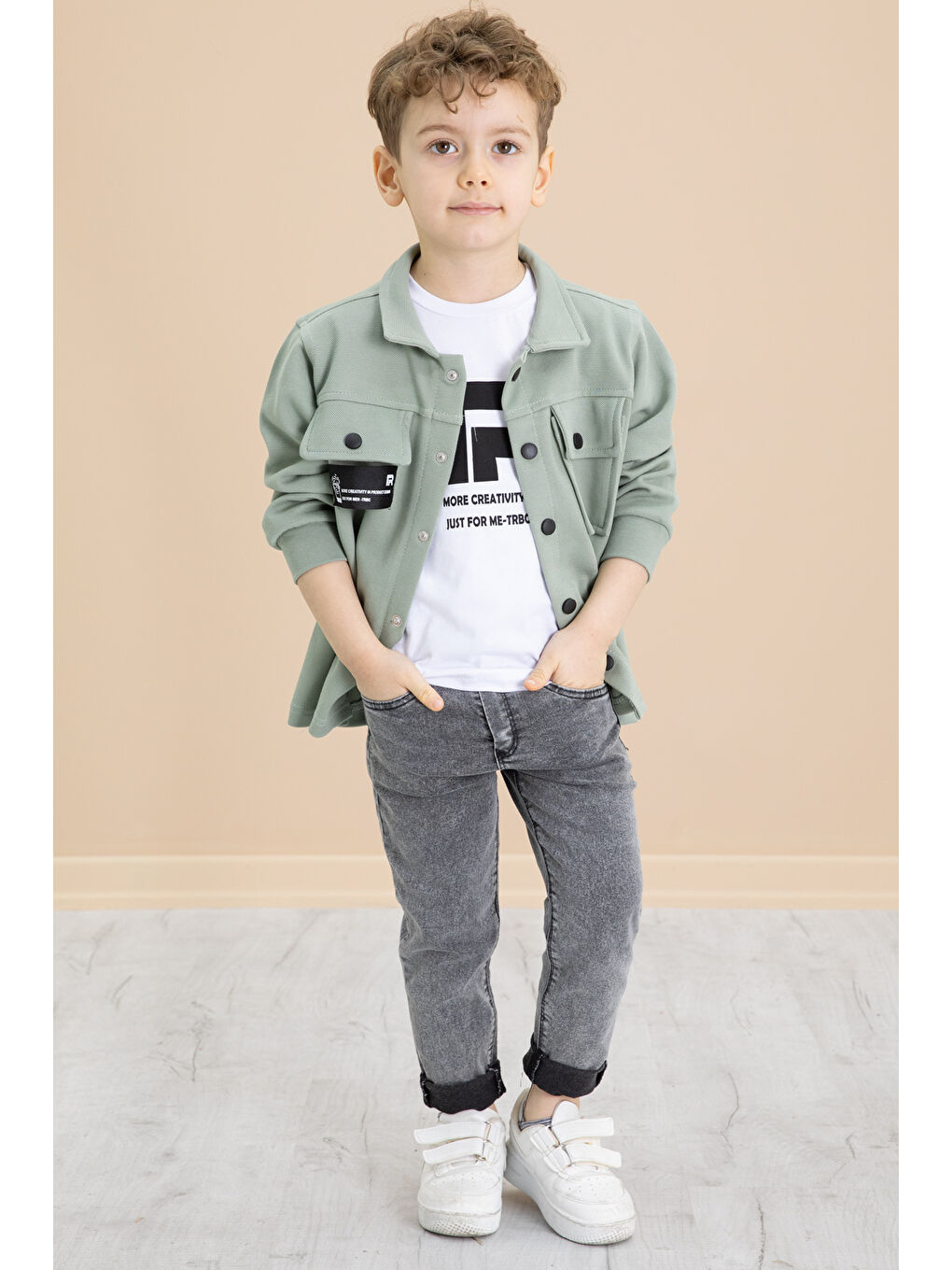 Yeşil Cep Kapaklı Gömlekli Jean Pantolonlu Erkek Çocuk 3'lü Takım 20023