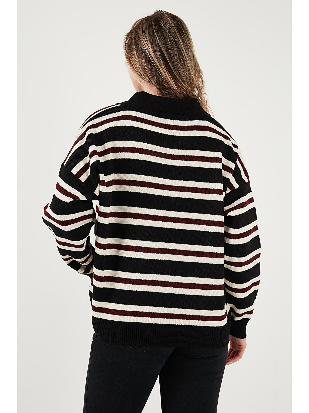 Siyah Çizgili Oversize Fit Düğmeli Polo Yaka Kazak 4615259-5