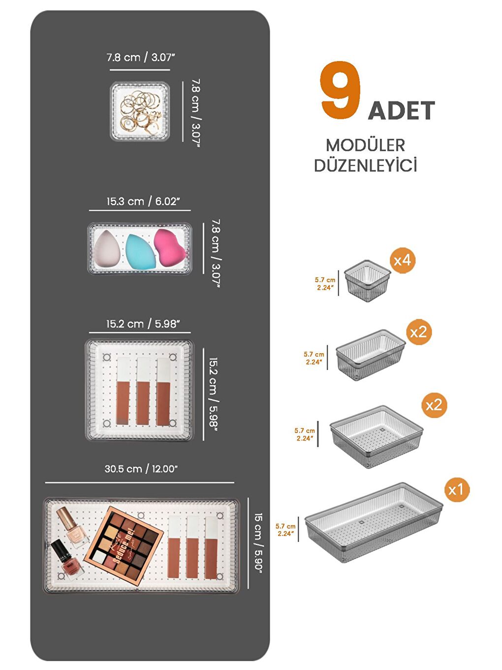 9lu Çekmece İçi Organizer Kozmetik Takı Makyaj Organizeri Dolap İçi Düzenleyici Antrasit-1