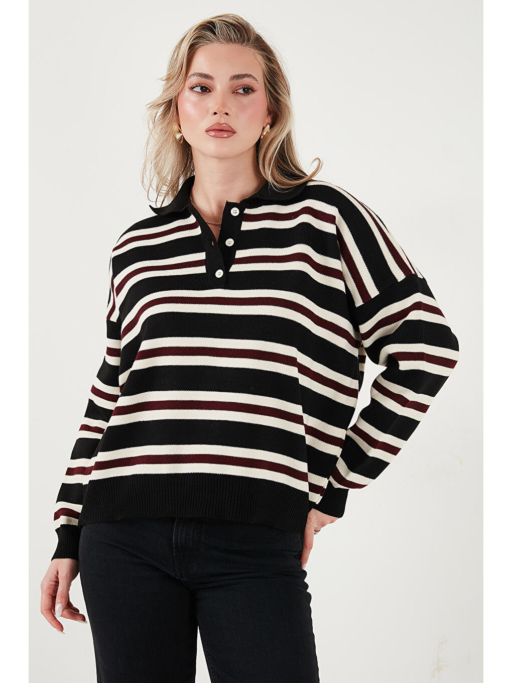 Siyah Çizgili Oversize Fit Düğmeli Polo Yaka Kazak 4615259-6