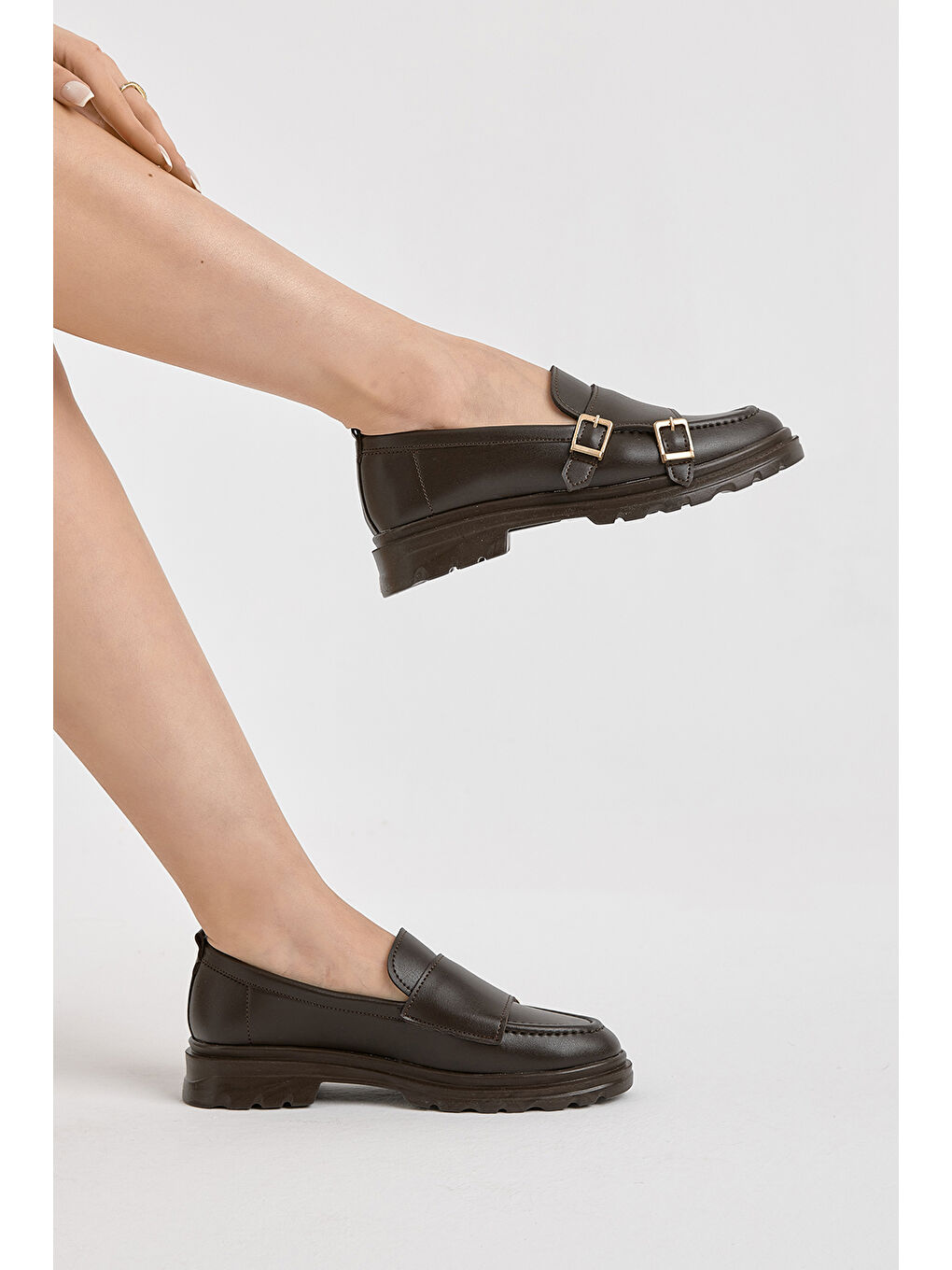 Kahverengi Kadın Kahve Kalın Poli Taban Çift Tokalı Günlük Loafer-1